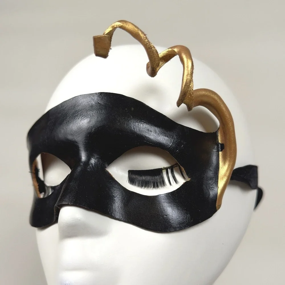 Black Gold Accented Leather Masquerade‎ Mask Handmade in New Orleans